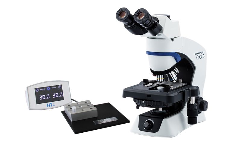 Phase contrast microscope Olympus CX43, trinocular, heated stage, HTi 200