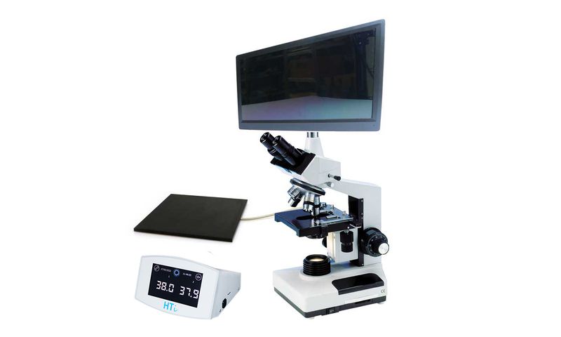 Phase contrast microscope MBL 2100, trinocular, with camera and monitor, heated stage, HTi 200